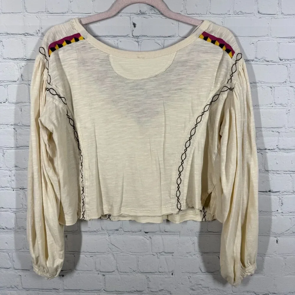Free People Blouse Womens Small Ivory Embroidered Boho Balloon Sleeve Crop Top